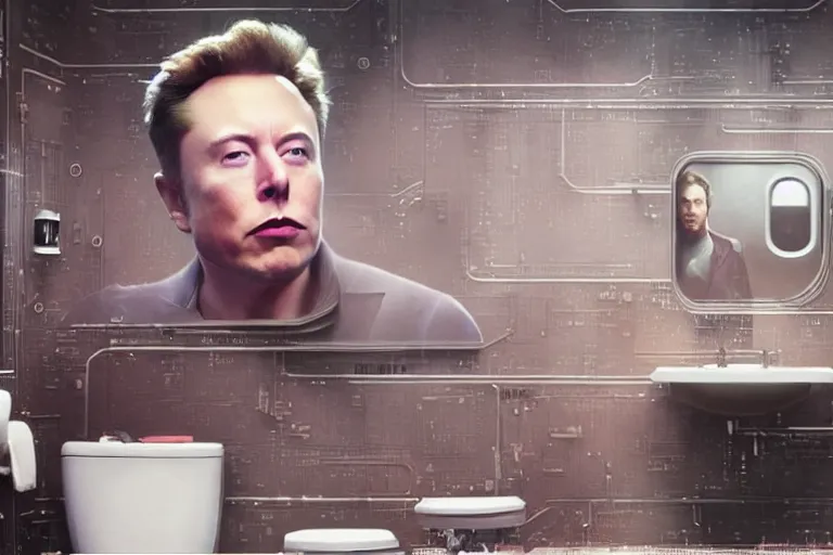 Image similar to hyperrealism aesthetic ridley scott and denis villeneuve style photography of a detailed hyperrealism elon musk, siting on a detailed cyberpunk toilet and scrolling his smartphone in hyperrealism scene from detailed art house movie in style of alejandro jodorowsky and wes anderson