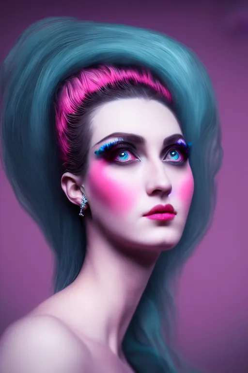 Prompt: hyperrealistic very detailed rococo profile of woman with pink eyes and jewel mouth matte painting concept art very dramatic dark teal lighting wide angle 35mm shallow depth of field 8k