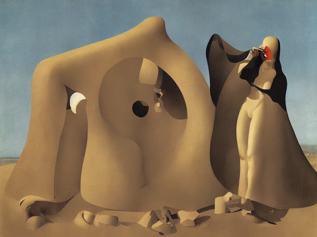 Image similar to Hermit living under the giant dress of a woman, making surreal sculptures in the sand. Still life with teeth. Zurbaran, Rene Magritte, Jean Delville, Max Ernst, Roger Dean