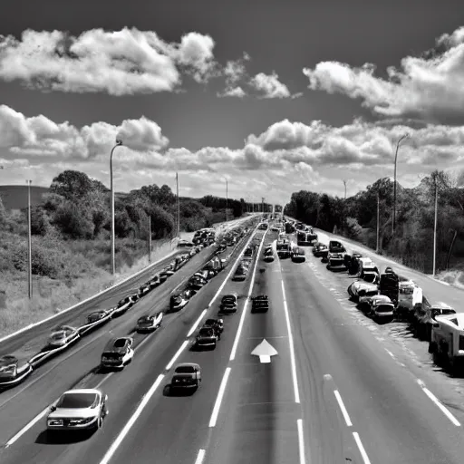 Image similar to photo, 5 0 mm, interstate traffic jam, scattered clouds, midday sun,