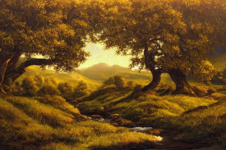 Image similar to masterpiece painting of oak trees on a hillside overlooking a creek, dramatic lighting, by cliff childs