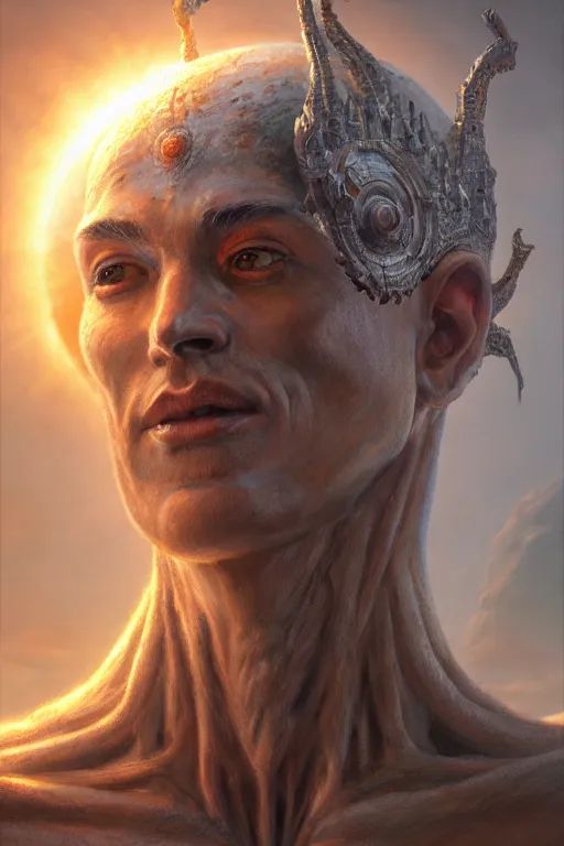 Image similar to humanoid god of the sun, highly detailed, d & d, fantasy, hyper detailed, digital painting, trending on artstation, apollo, concept art, sharp focus, illustration, art by artgerm and magali villeneuve and greg rutkowski and michael whelan, cryengine, 8 k realistic atmospheric lighting, frostbite 3 engine