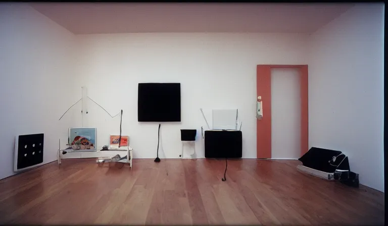 Prompt: A bedroom designed by Nam June Paik, 35mm film, long shot