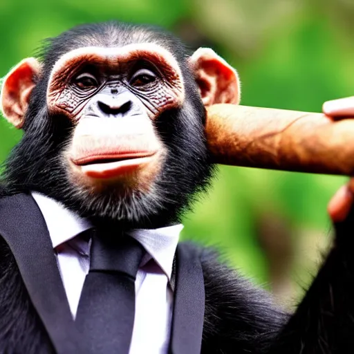 Image similar to a high detail closeup shot of a chimp wearing a suit and smoking a cigar