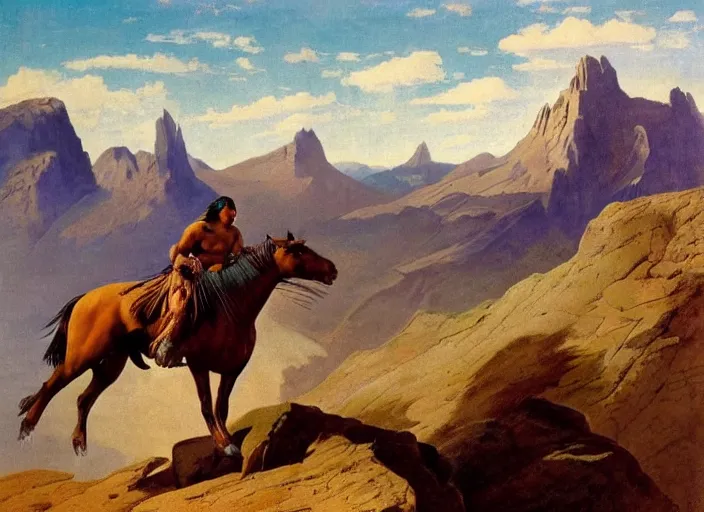 Image similar to powerful native american warrior!! beautiful native american riding horse, buffalo, mountain range, beautiful sky, standing on the edge of a cliff, nineteenth century, painted by frazetta