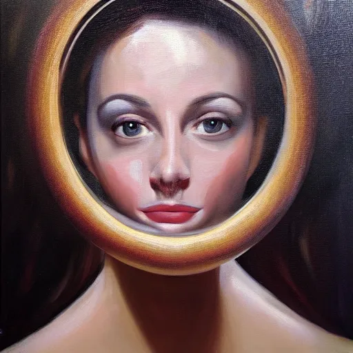 Image similar to ultrarealism oil painting, woman with square mirror face, portrait