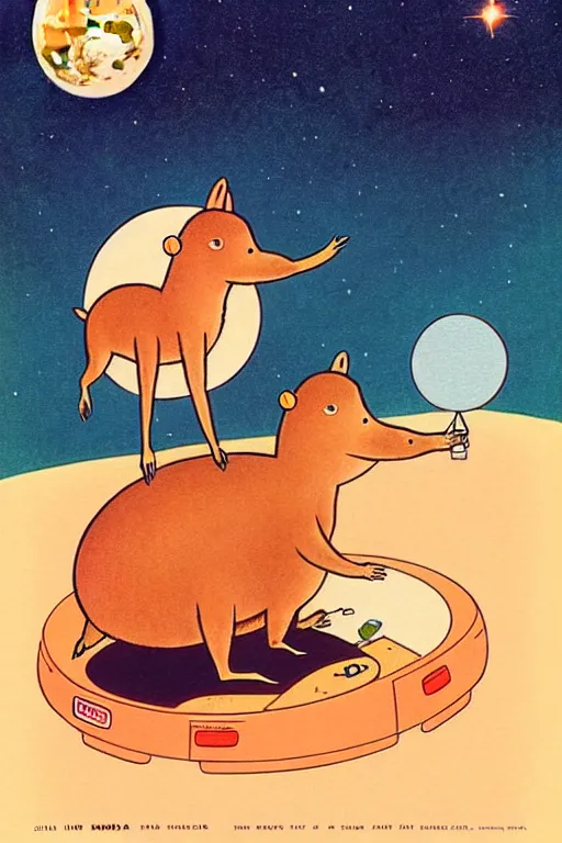Image similar to by richard scarry. capybara on the moon. a 1 9 5 0 s retro illustration. studio ghibli. muted colors, detailed