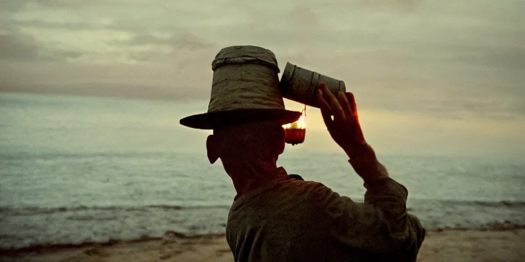 Image similar to film still of closeup old man holding up lantern by his beach hut at night. pirate ship in the ocean by emmanuel lubezki