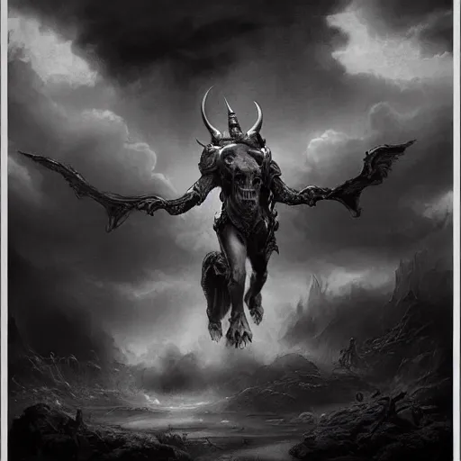 Image similar to By Tom Bagshaw and Boris Vallejo, ultra realist soft painting of a warzone by night, centered Gothic armored Minotaur standing, horror, omnious sky, symmetry accurate features, very intricate details, black and white, volumetric light clouds