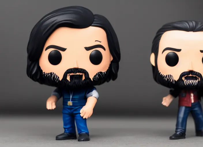 Image similar to product still of Keanu Reeves funko pop with box, 85mm f1.8