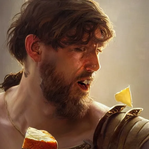 Image similar to a portrait of Viking devouring cheese, highly detailed, digital painting, artstation, concept art, sharp focus, illustration, art by artgerm and greg rutkowski and alphonse mucha