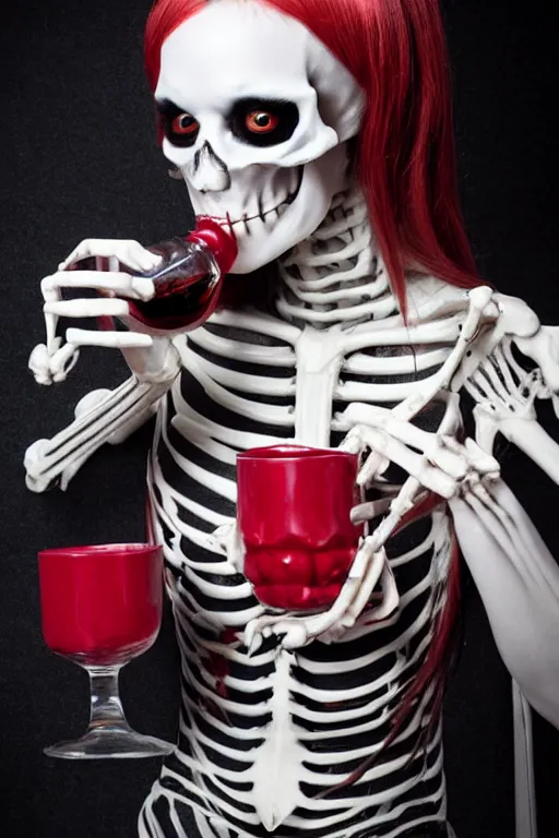 Prompt: beautiful lady skeleton drinking from a blood filled goblet, cosplay, studio lighting