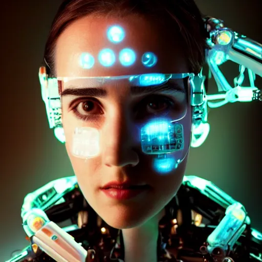 Prompt: beautiful centered Fine art photo portrait of contemplative young Jennifer Connelly as a solarpunk robotic humanoid, white mechanical parts with led lights, photorealistic, white background, highly detailed and intricate, sunset lighting, HDR 8k