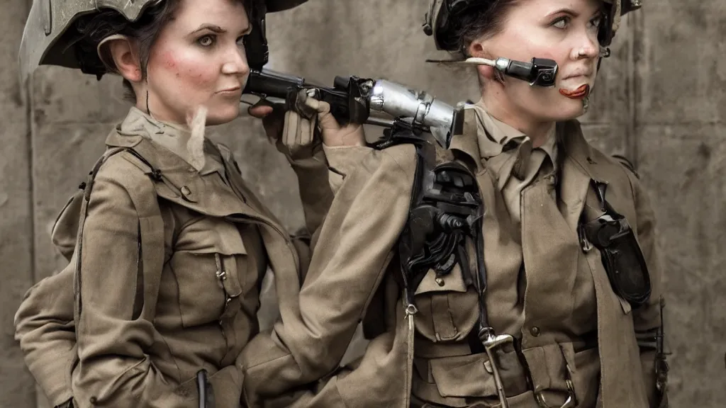 Prompt: a female soldier dieselpunk