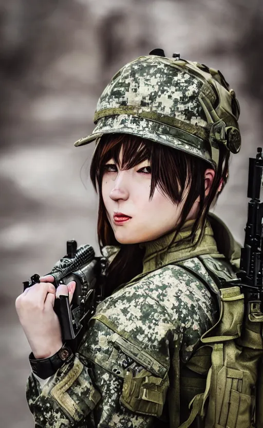 Image similar to portrait photo, highly detailed, high resolution, cosplay photo, stunning, girls frontline style, bokeh soft, 100mm, trending on instagram, by professional photographer, realistic human anatomy, real human faces, realistic military carrier, soldier clothing, modern warfare, without guns, shot with a canon, low saturation, soldier clothing