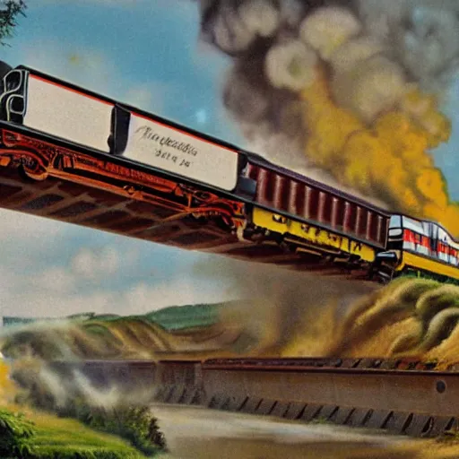 Prompt: Head on train wreck of two Thomas the Train engines, tall railway bridge, 1930s , hyper realistic