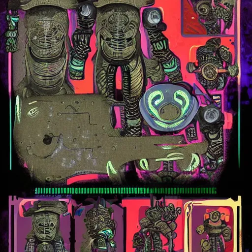 Image similar to official character sheets for an old eel biomech suit, digital 2 d screen robot face, wearing an oversized sweater, covered in coral, art by tim schafer black velvetopia art for psychonauts from double fine studios, art by splatoon from nintendo, black light rave, adult character, apocalypse