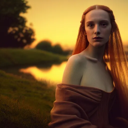 Image similar to photographic portrait of a stunningly beautiful english renaissance female in soft dreamy light at sunset, beside the river, soft focus, contemporary fashion shoot, in a denis villeneuve and tim burton movie, by edward robert hughes, annie leibovitz and steve mccurry, david lazar, jimmy nelsson, extremely detailed, breathtaking, hyperrealistic, perfect face, octane render