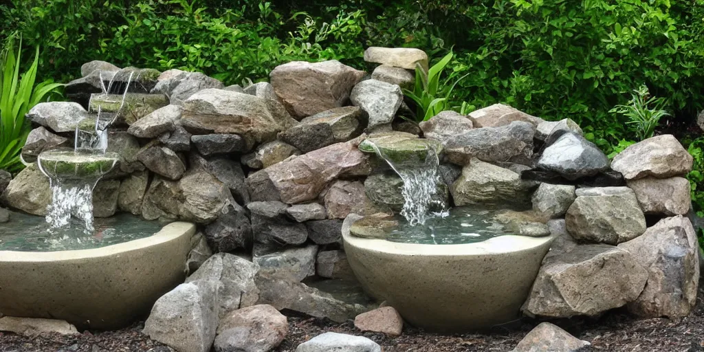 Image similar to award winning stone work waterfall fountain in a lush green backyard, photo