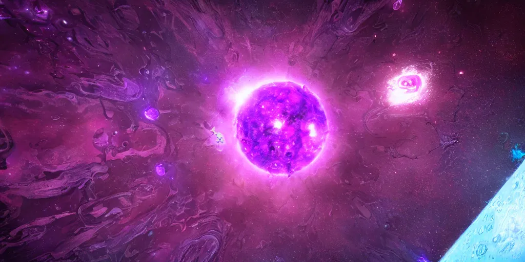 Image similar to A tumultuously ferocious pulsating bulging star corrupting the foreseeable universe, emancipating various forms of digital life forms made of purple goop and dark blue ooze, translating dark matter into corruption, trending on artstation, artstation futurism, artstation photography, 4k, 8k