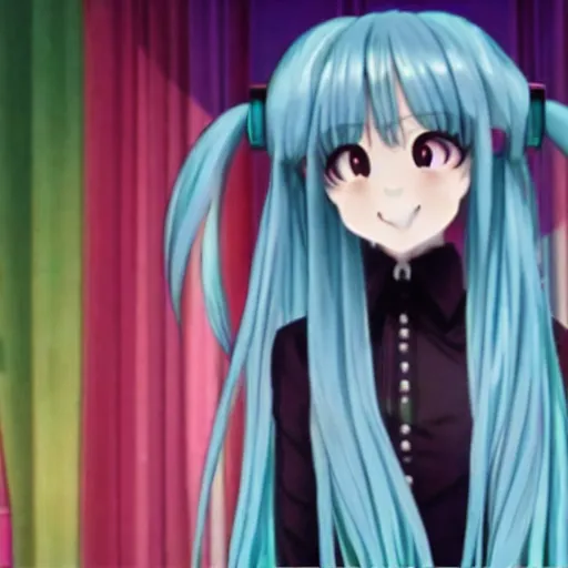 Image similar to a screenshot of hatsune miku in the film pulp fiction ( 2 0 0 1 )