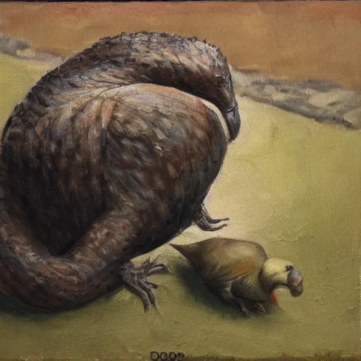 Image similar to a dodo eating a lizard, oil painting