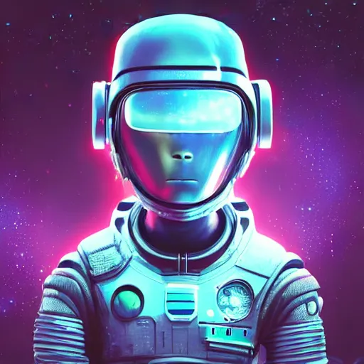 Image similar to cyberpunk astronaut bot, cinema 4 d, galaxy space sci - fi, wearing vr goggles, illustration, portrait, pastel neon textured background night, trending on artstation, greg rutkowski, octane rendered, 1 2 k, detailed,