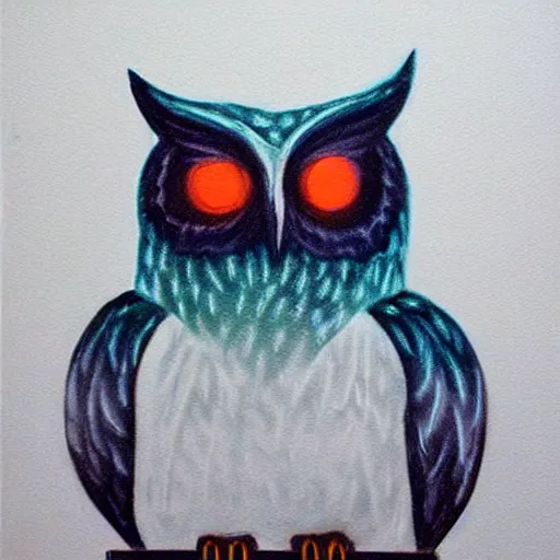 Prompt: color charcoal art, glowing white owl, in a windowsill