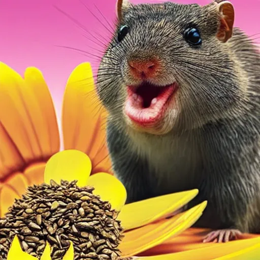 Image similar to a black gerbil eating a huge sunflower seed while a brown gerbil watches angrily, pixar animation