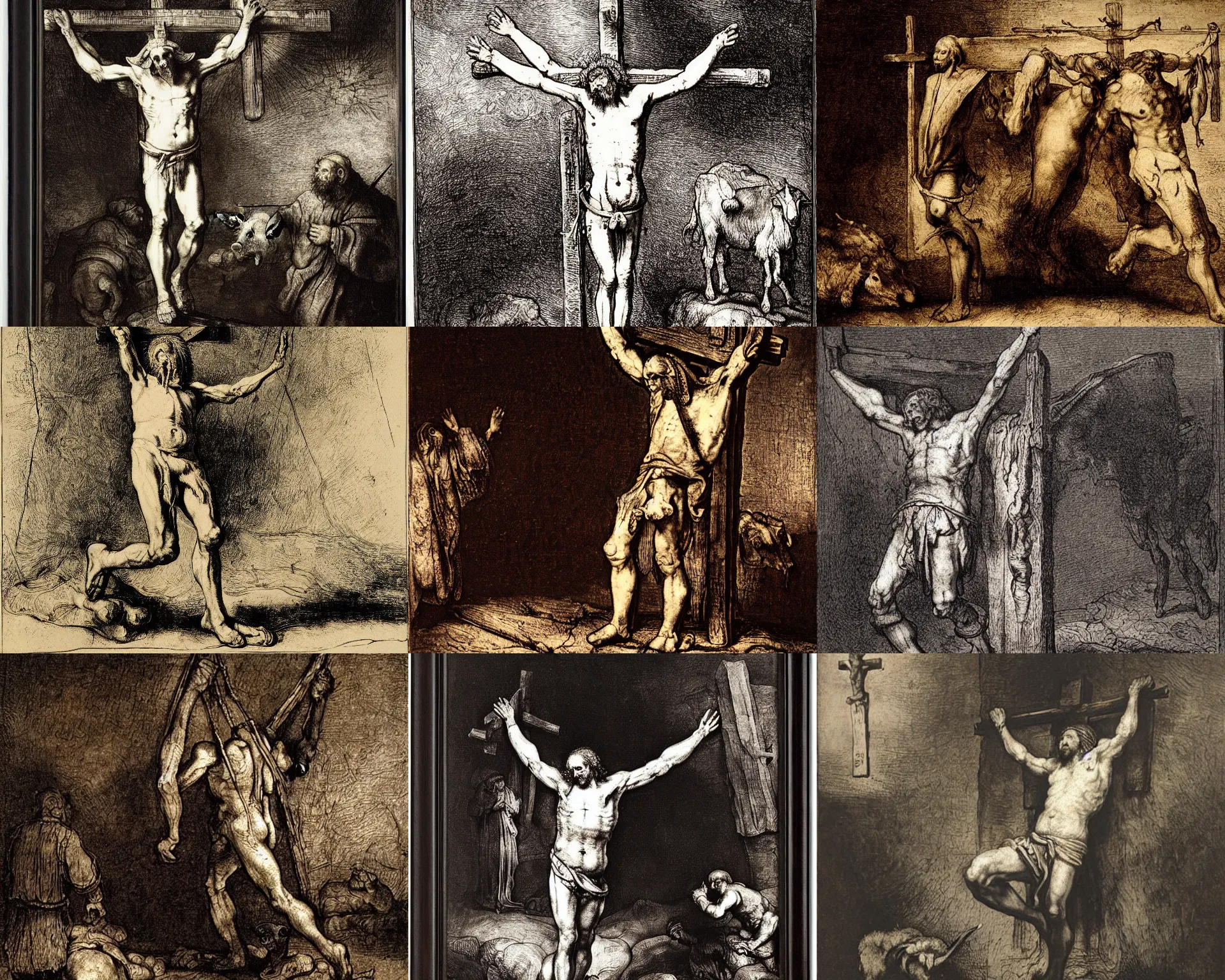 Prompt: the crucifixion of a human with goat head and cloven hoofs by rembrandt,