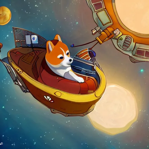 Prompt: cute shiba astronaut on a flying ship, treasure planet style, digital art, 4 k, realistic, vivid colors