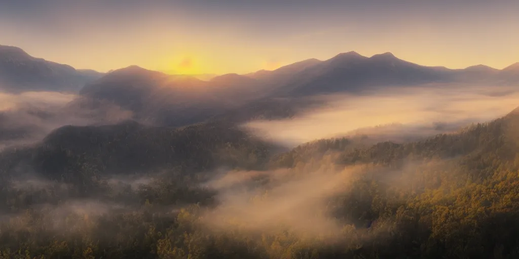 Image similar to sunset over the mountains with mist in the valley, concept art 8k