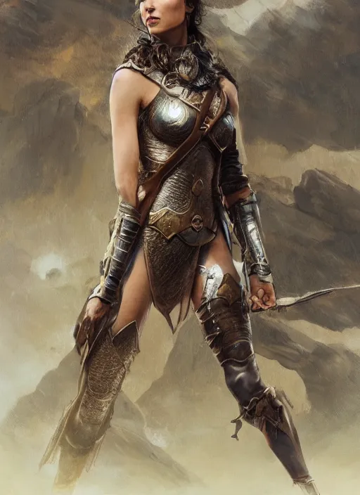 Prompt: highly detailed steampunk armor on gal gadot posing while standing on a rock : leonardo da vinci, greg rutkowski, magali villeneuve