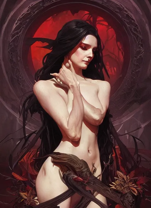 Prompt: a beautiful painting of a dark death goddess, face, full body, by Greg rutkowski and artgerm and Alphonse Mucha, trending on artstation