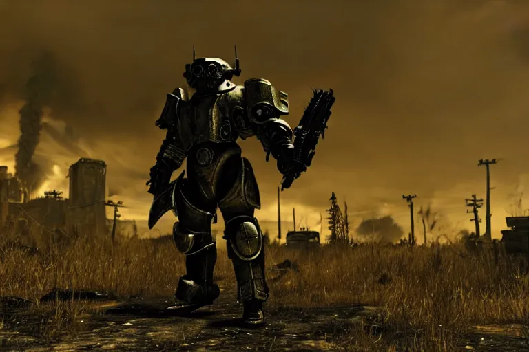 Image similar to a fursona ( from the furry fandom ), heavily armed and armored facing down armageddon in a dark and gritty version from the makers of fallout : war never changes