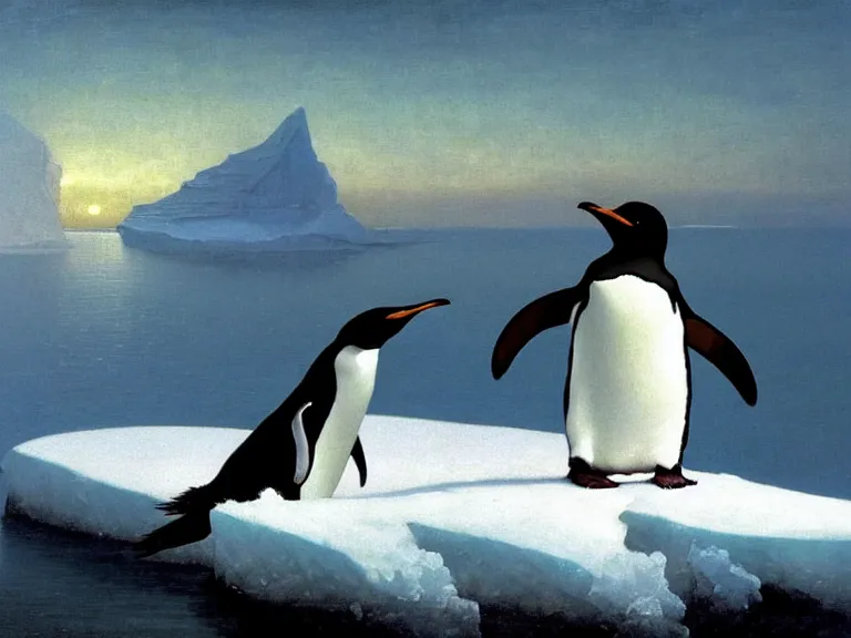 Image similar to an oil painting of a penguin playing in pure white snow on an iceberg in a serene ocean at dusk. aurora. by tuomas korpi moebius and carl spitzweg. baroque elements. intricate artwork by caravaggio. oil painting. oil on canvas. award winning. dramatic. trending on artstation. 8 k