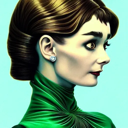 Prompt: in the style of joshua middleton, beautiful audrey hepburn, full body green dress, creepy pose, bioshock, spooky, symmetrical face symmetrical eyes, three point lighting, detailed realistic eyes, aquapunk, insanely detailed and intricate elegant, artgerm, underwater home