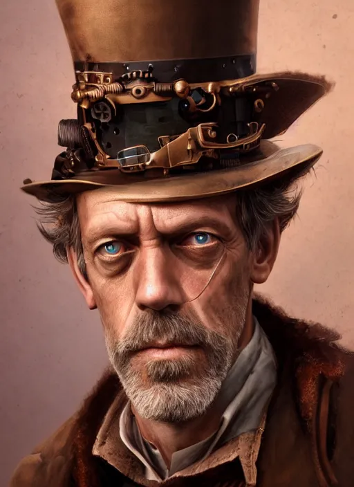 Prompt: steampunk portrait of hugh laurie, au naturel, hyper detailed, digital art, trending in artstation, cinematic lighting, studio quality, smooth render, unreal engine 5 rendered, octane rendered, art style by klimt and nixeu and ian sprigger and wlop and krenz cushart.