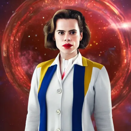 Image similar to a beautiful full body photograph of hayley atwell dressed as doctor who, time vortex in the background, symmetrical face, extreme realism and detail, 8 k, completely framed, direct lighting, 3 5 mm photo, photorealistic, sharp focus