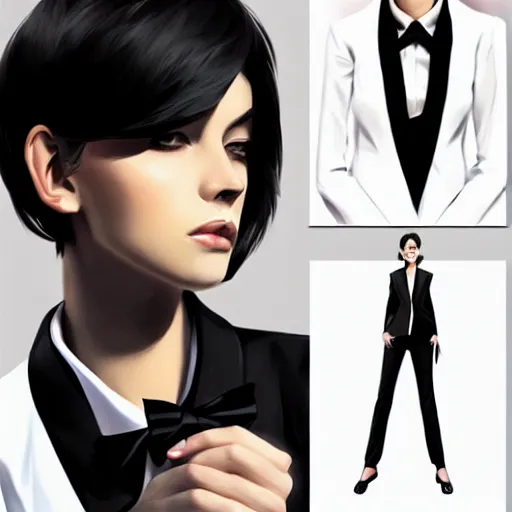 Image similar to slim girl in tuxedo with short black hair, elegant, 2d, ultra highly detailed, digital painting, smooth, sharp focus, artstation, art by Ilya Kuvshinov