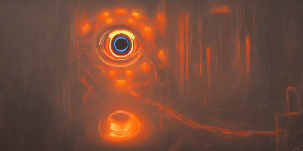 Prompt: Lovecraftian GladOS, orange glowing eye, test subject oil painting, 4k