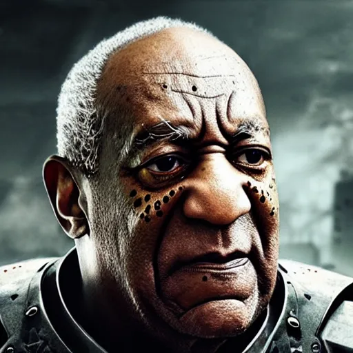 Prompt: Photo portrait of Bill Cosby as 'Crusader-Patriot-Knight'!! in Gears of War, splash art, movie still, detailed face, photorealistic facial features, cinematic lighting, dramatic, octane render, long lens, shallow depth of field, bokeh, anamorphic lens flare, 8k, hyper detailed, 35mm film grain