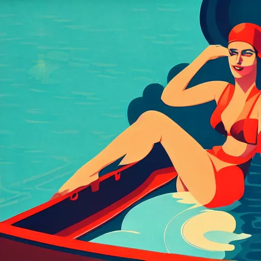 Image similar to a painting of a woman in a bathing suit sitting on a boat, an art deco painting by tom whalen, trending on behance, art deco, digital illustration, storybook illustration, art deco