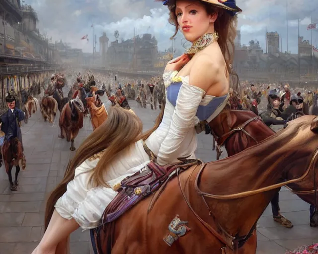 Prompt: a beautiful realistic portrait painting of liz katz in the victorian sydney australia at a horse racing derby, intricate, elegant, highly detailed, digital painting, artstation, concept art, by krenz cushart and artem demura and alphonse mucha