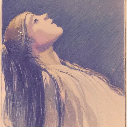 Image similar to Illustration. A beautiful illustration of a young girl with long flowing hair, looking up at the stars. She appears to be dreaming or lost in thought. in India by Sir James Guthrie riotous