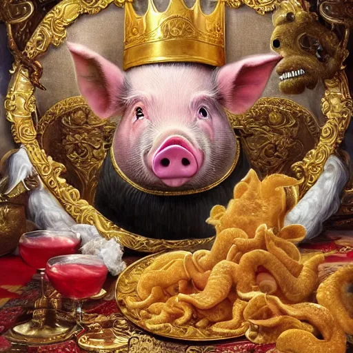 Image similar to pig wearing gold crown with mustache eating pork rind snacks, Realistic, Regal, Refined, Detailed Digital Art, Michael Cheval, Walt Disney (1937), François Boucher, Oil Painting, Steampunk, Highly Detailed, Cinematic Lighting, Unreal Engine, 8k