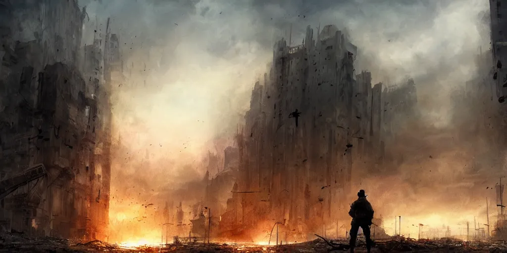 Image similar to a last standing soldier looking at destroyed city, concept art, deviantart, art station, landscape, cinematic, lighting, hyper realistic painting