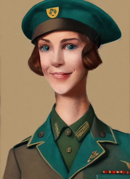 Prompt: portrait bust of young woman with light brown hair and hazel eyes dressed in a sharp dark teal military uniform with beret, saluting, smiling at camera, ilya kuvshinov