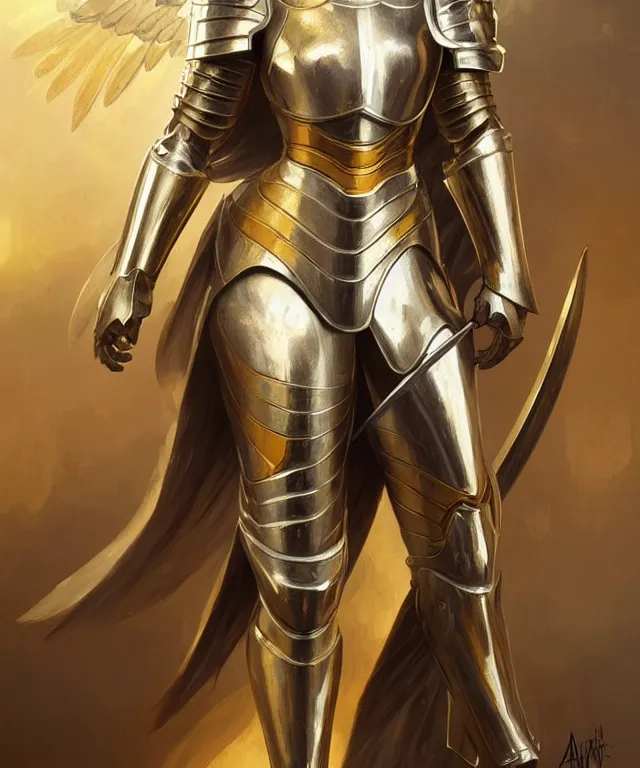 Image similar to Female knight angel in gold and silver armor, highly detailed, digital painting, artstation, concept art, smooth, sharp focus, illustration, art by artgerm and greg rutkowski and alphonse mucha