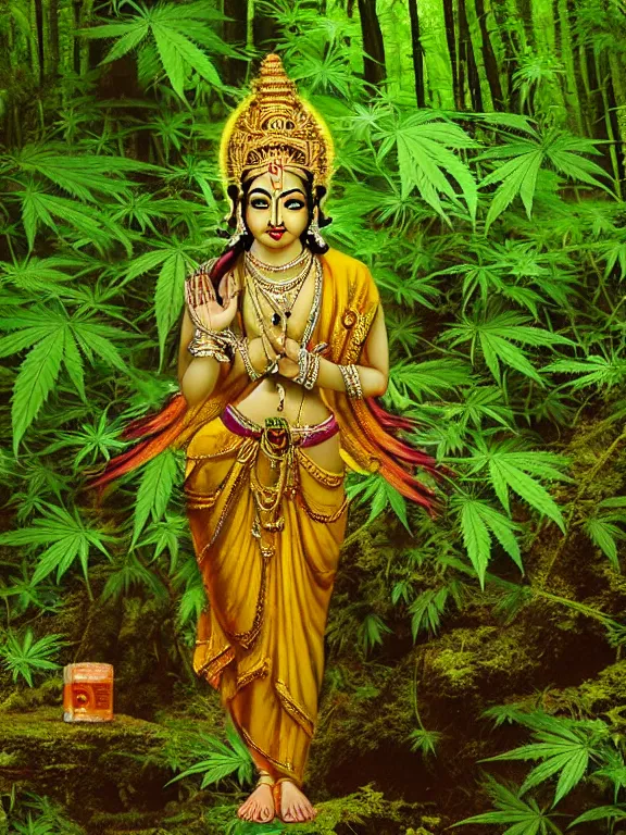 Image similar to hindu goddess in cannabis forest, film photo, grainy, high detail, high resolution,